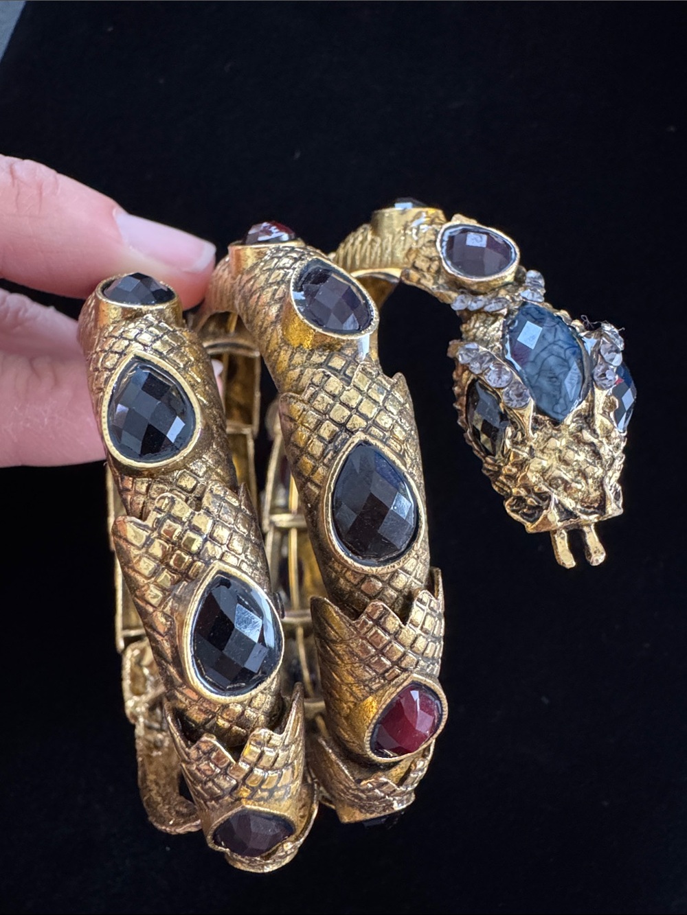 Unbranded Gold-Tone Serpent Coil Bracelet with Black and Red Rhinestone Accents